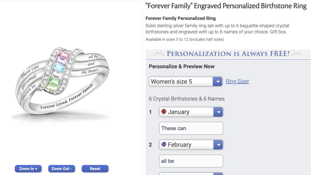 Screenshot of Bradford Exchange Personalized Item page