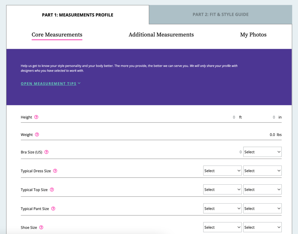 Screenshot Showing Fit Profile Page Where Shopper Enters Their Measurements