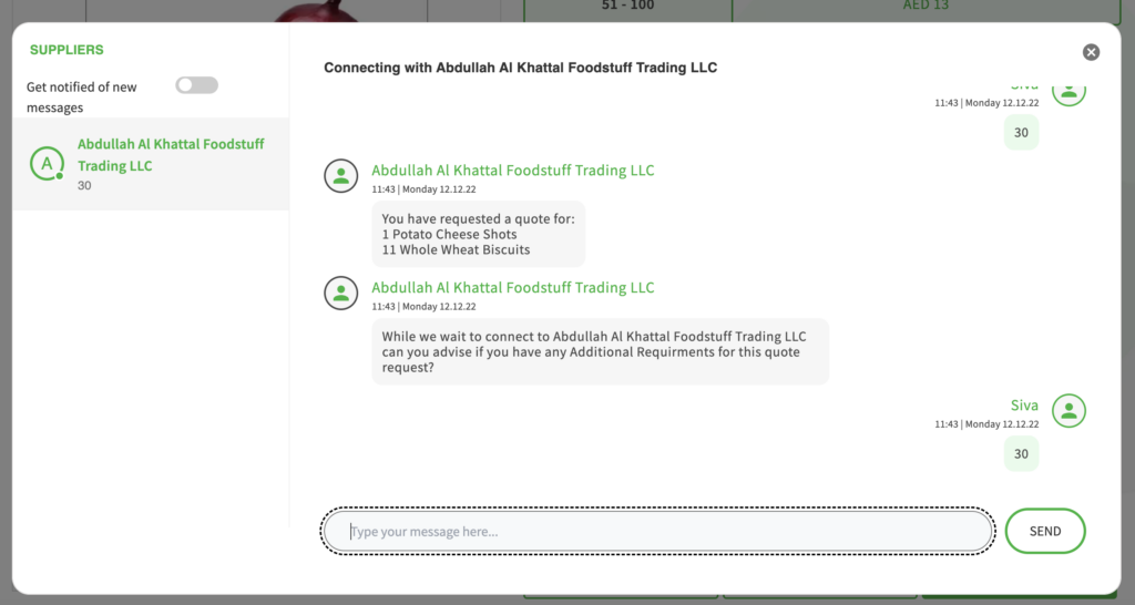 Screenshot Showing Chat Functionality with Supplier