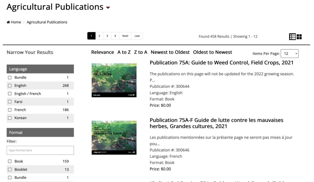 Screenshot of a Publications Ontario Category Page