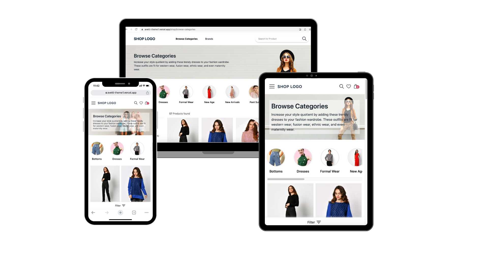 Desktop, tablet, and mobile displays of an ecommerce store demonstrating responsive design technology. 